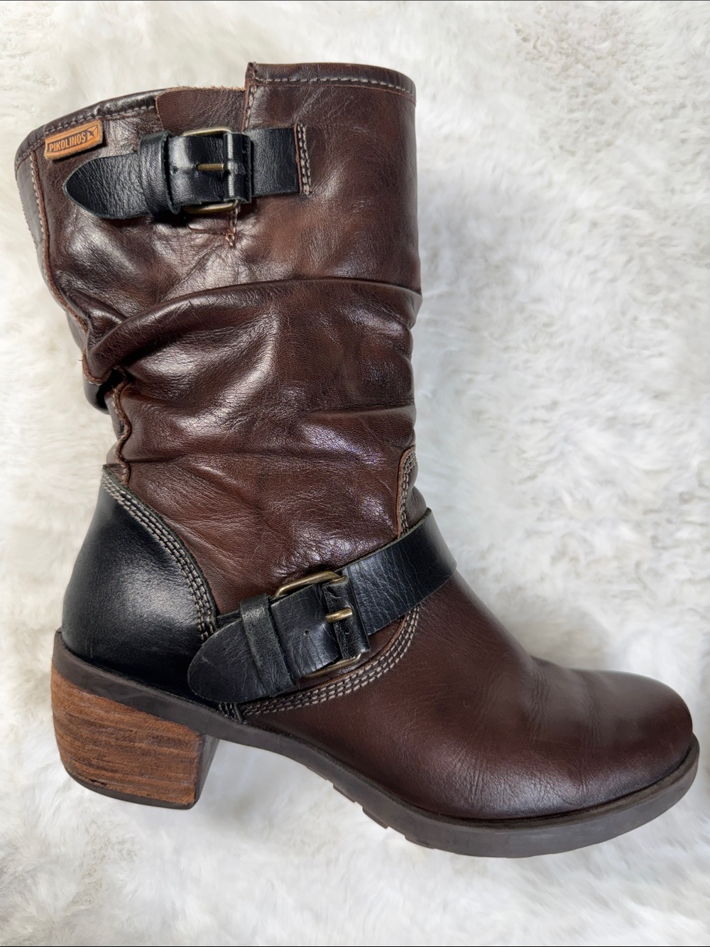 Pikolinos Le Mans Boot 37 Brown Black Leather Moto Biker Boho Buckle Slouch Zip